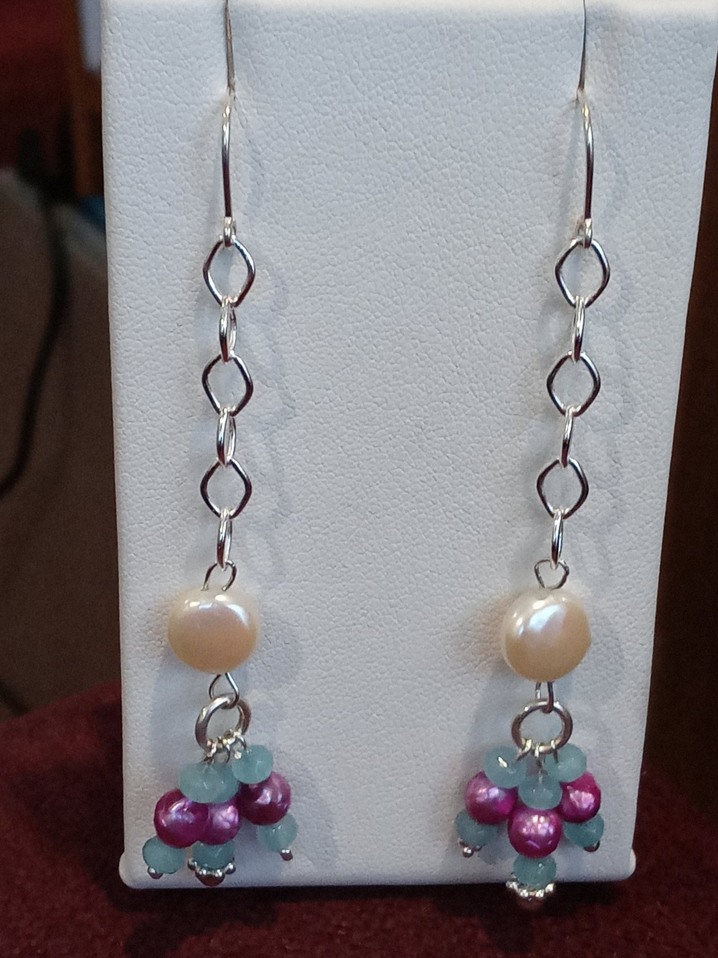 Sterling Silver Coin Pearl and Gemstone Dangle Earrings