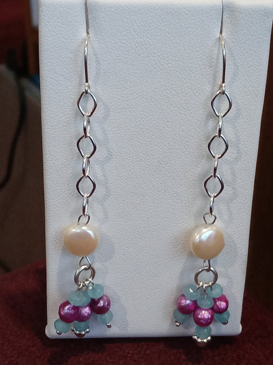 Sterling Silver Coin Pearl and Gemstone Dangle Earrings