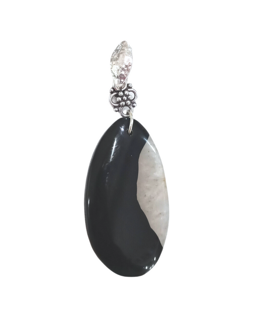 Black and Crystal Quartz Blended Gorgeous Agate Sterling Enhancer Pendant with Unique Removable Interchangeable Clip 3 1/8"L X 1 3/16"W ONE ONLY