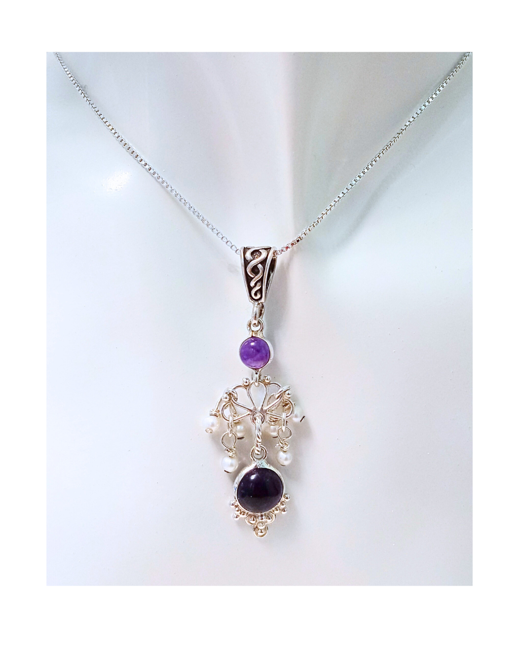 Exclusive Beautiful Amethyst Gems and Tiny White Pearl Drop Sterling Silver Removable Pendant 2 1/4"L X 5/8"W on 18" Curb Chain. ONE ONLY
