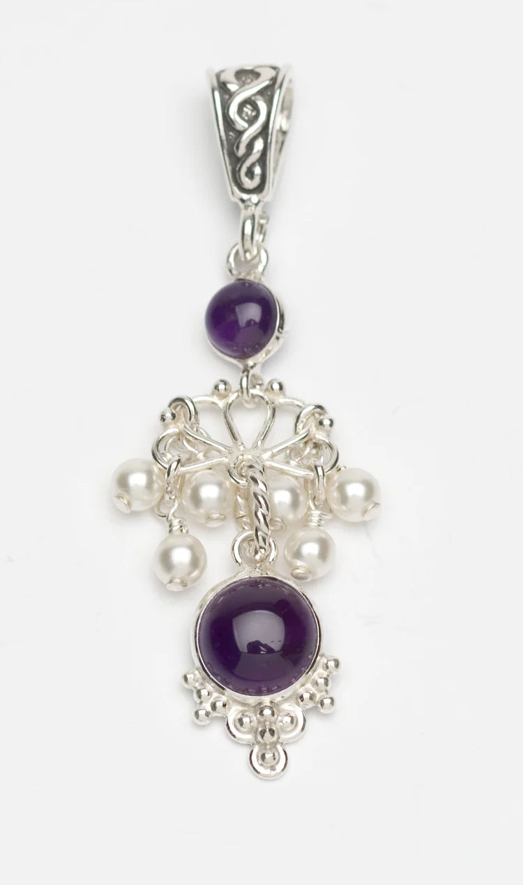 Exclusive Beautiful Amethyst Gems and Tiny White Pearl Drop Sterling Silver Removable Pendant 2 1/4"L X 5/8"W on 18" Curb Chain. ONE ONLY