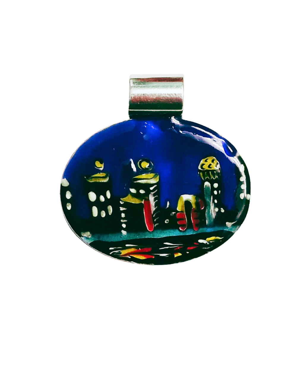 Exclusive Sterling Wearable Art Hand-enameled City of Louisville Night Scene Removable Pendant Slide with 18" Box Chain. 1 3/8H X 1 3/8W". ONE ONLY.