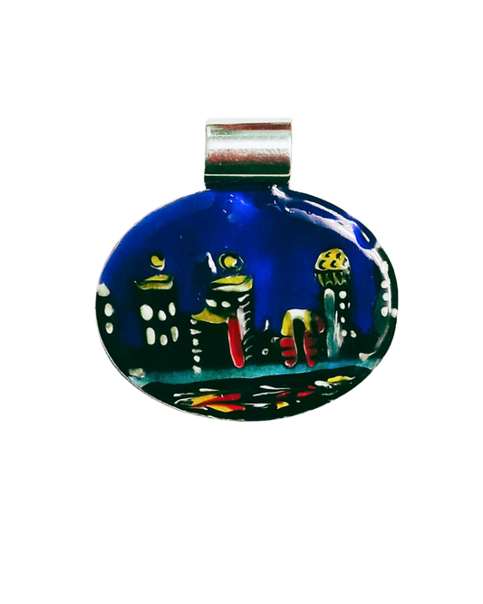 Exclusive Sterling Wearable Art Hand-enameled City of Louisville Night Scene Removable Pendant Slide with 18" Box Chain. 1 3/8H X 1 3/8W". ONE ONLY.