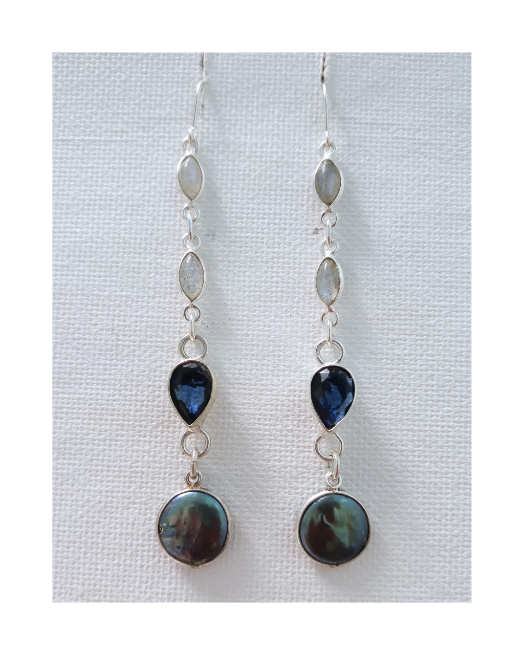 Exclusive Sterling Dangle Earrings with Labradorite, Agate and Coin Pearl Drops 3 5/16"L X 1/2"W. ONE ONLY.
