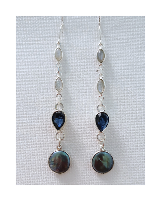 Exclusive Sterling Dangle Earrings with Labradorite, Agate and Coin Pearl Drops 3 5/16"L X 1/2"W. ONE ONLY.