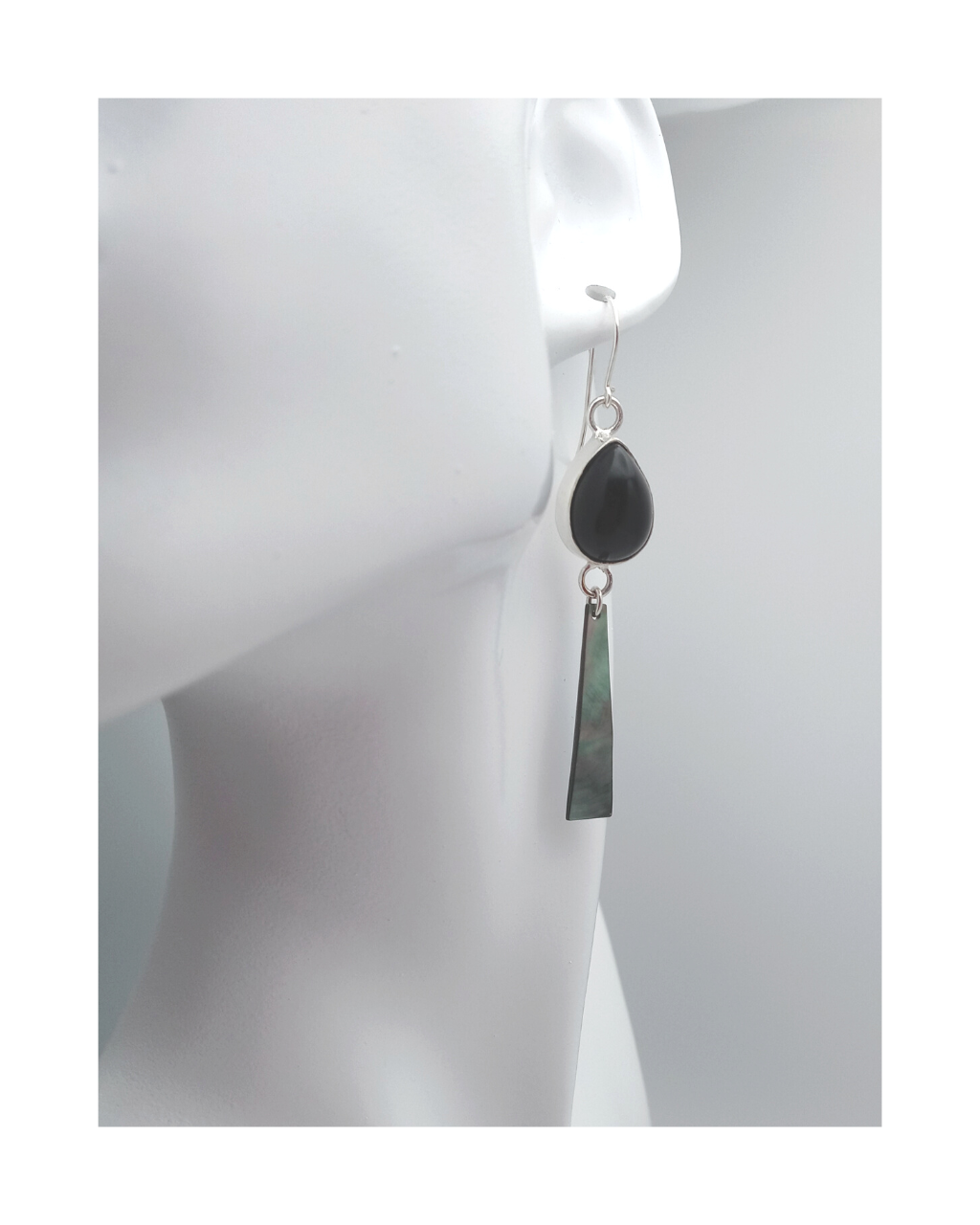 Sterling Teardrop Black Onyx and Beautiful Black Mother-of-Pearl Shell Earrings 2 11/16"L X 1/2"W. ONE ONLY
