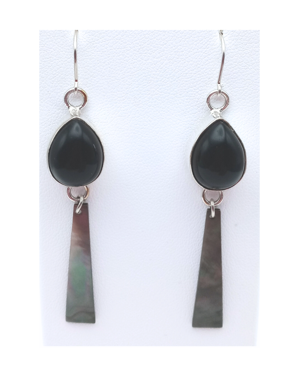 Sterling Teardrop Black Onyx and Beautiful Black Mother-of-Pearl Shell Earrings 2 11/16"L X 1/2"W. ONE ONLY