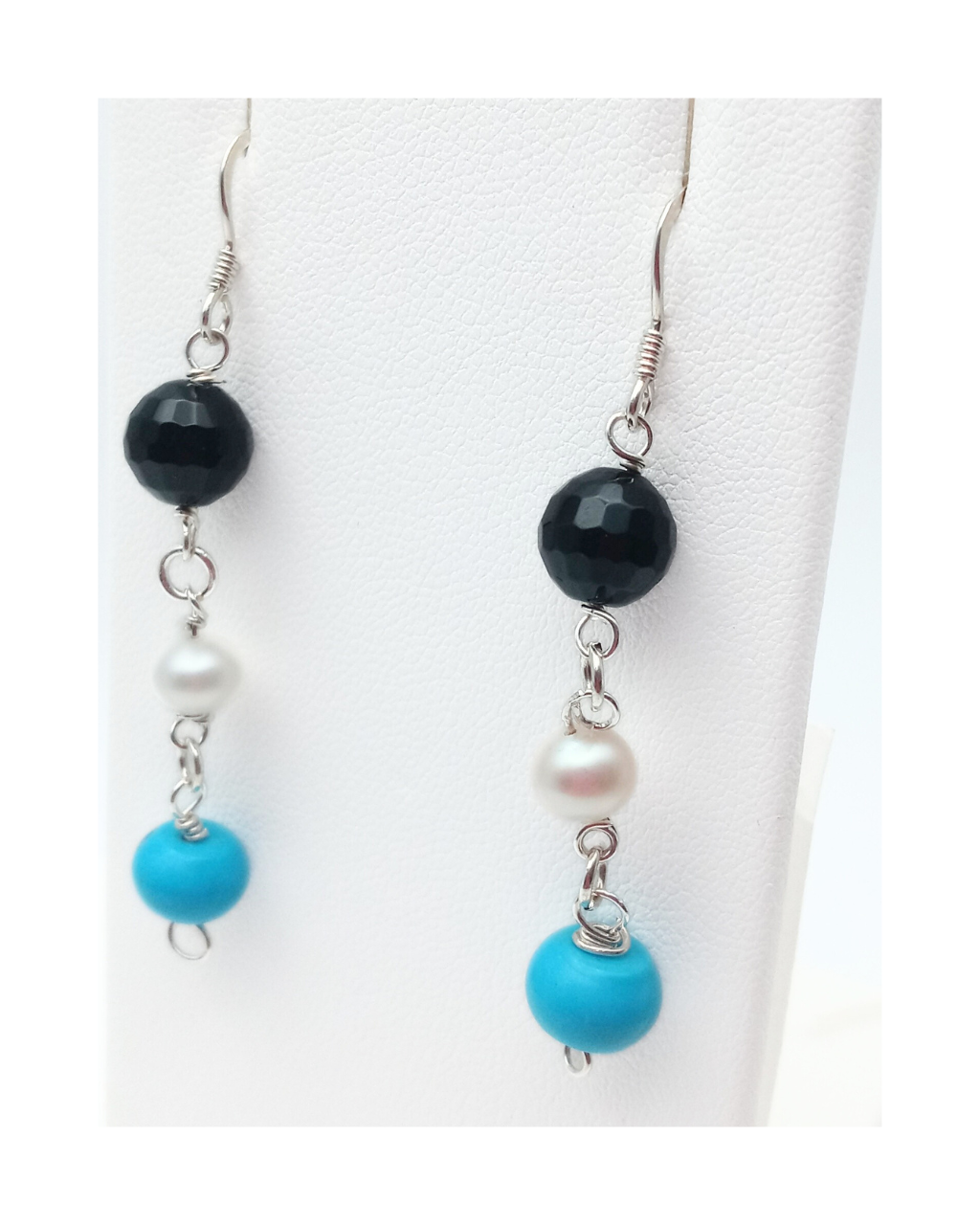 Faceted Black Onyx, White Pearl, and Turquoise Sterling Silver Dangle Earrings Approx. 2 3/16"