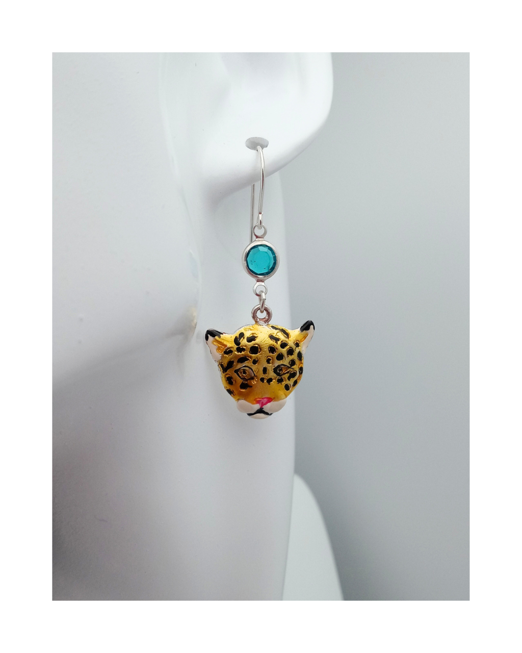 Sterling 925 Detailed Hand-enameled Leopard Heads with Swarovski Crystal Earrings. ONE ONLY.