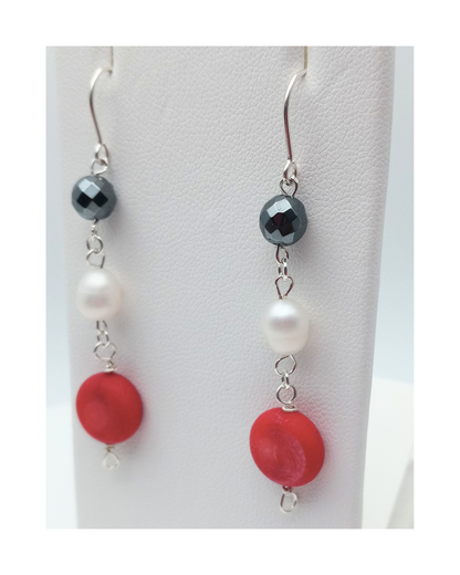 Sterling 925 Faceted Hematite, White Pearl, and Red Coin-Shaped Coral Earrings. ONE ONLY
