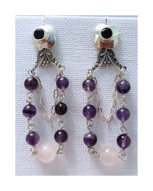 Sterling Earring Jackets with Iolite Posts and Amethyst, Rose Quartz, and Sterling Chain Combined on Attached Dangle Drop 2 1/4"L X 3/4"W. ONE ONLY