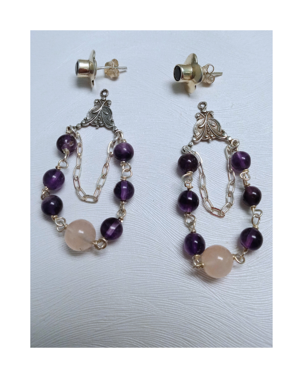 Sterling Earring Jackets with Iolite Posts and Amethyst, Rose Quartz, and Sterling Chain Combined on Attached Dangle Drop 2 1/4"L X 3/4"W. ONE ONLY
