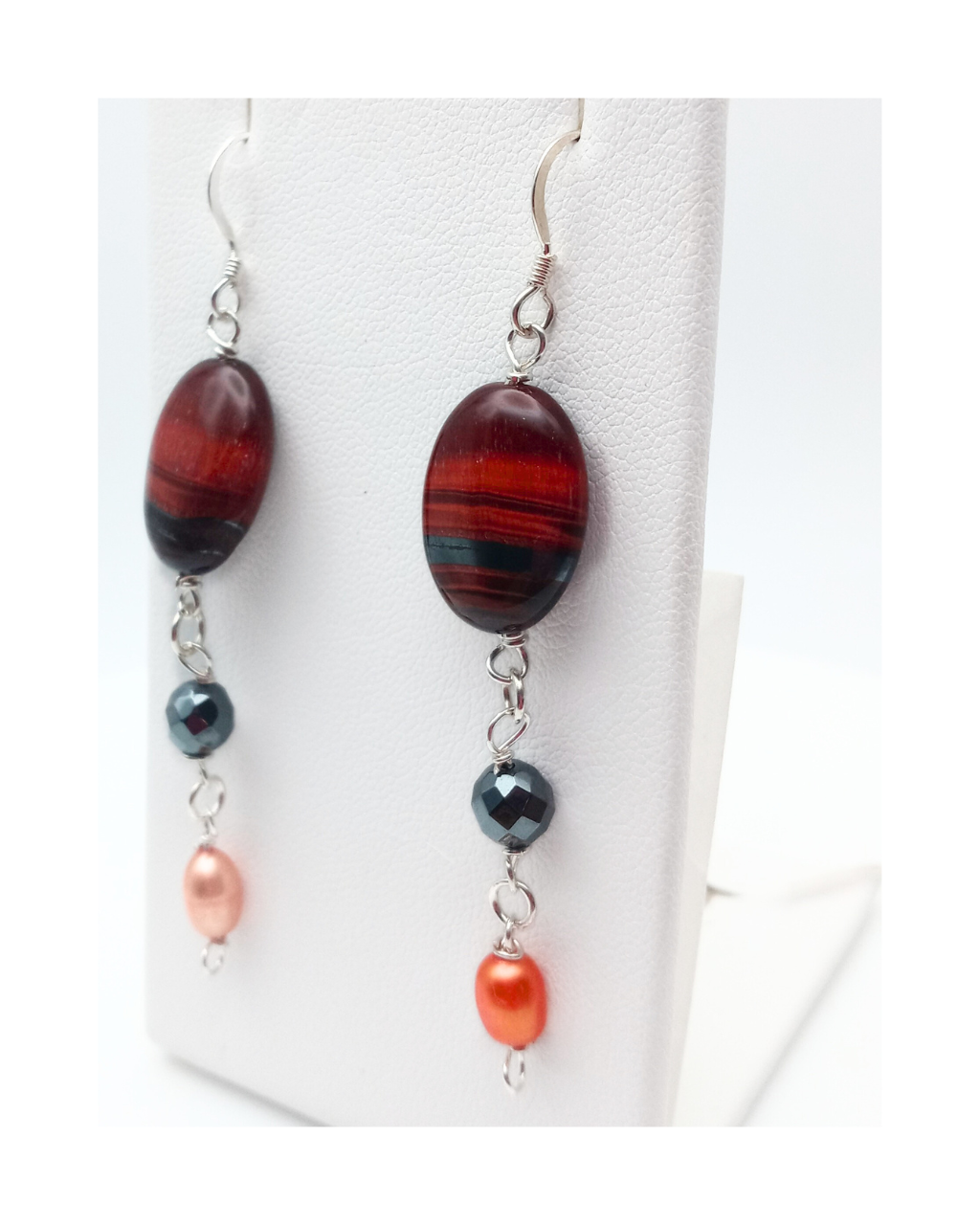 Oval Dyed Red Tiger's Eye, Faceted Hematite and Copper-colored Pearl Sterling Silver Dangle Earrings Approx. 2 3/4"
