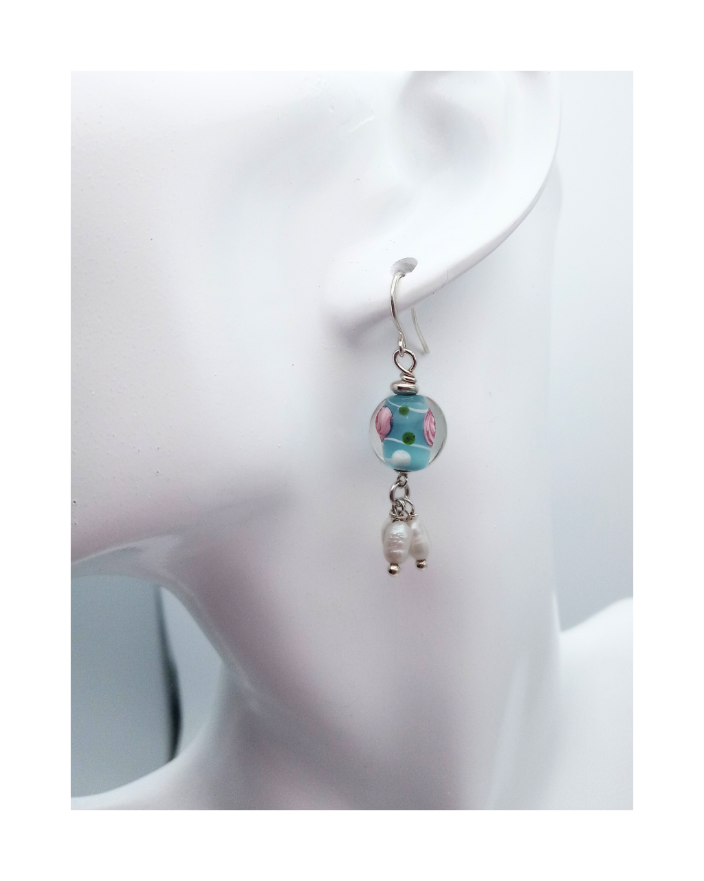 Sterling 925 Lampwork Blue and Pink Flower Glass Bead with 3 White Freshwater Pearl Dangle Drops Earrings. ONE ONLY.