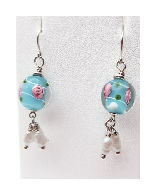Sterling 925 Lampwork Blue and Pink Flower Glass Bead with 3 White Freshwater Pearl Dangle Drops Earrings. ONE ONLY.