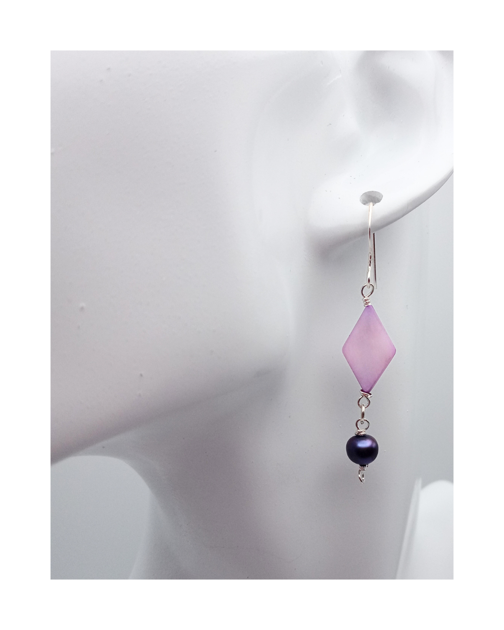 Dyed Lavender Diamond-shaped Mother-of-Pearl and Genuine Dyed Dark Purple Pearl Sterling Silver Dangle Earrings approx. 2 1/8"