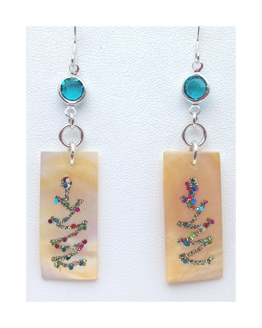 Exclusive Sterling Gold Mother-of-pearl Shell with Sparkle Christmas Tree Design and Swarovski Crystal Earrings 2 9/16"L X 9/16"W. ONE ONLY