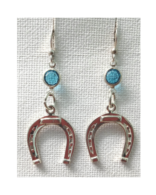 Sterling Horseshoe with Teal Swarovski Crystal Earrings