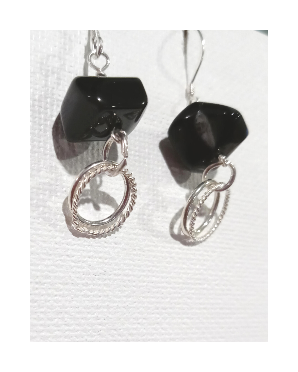 Black Agate Polished Bead with Double Silver Loop Sterling Silver Dangle Earrings