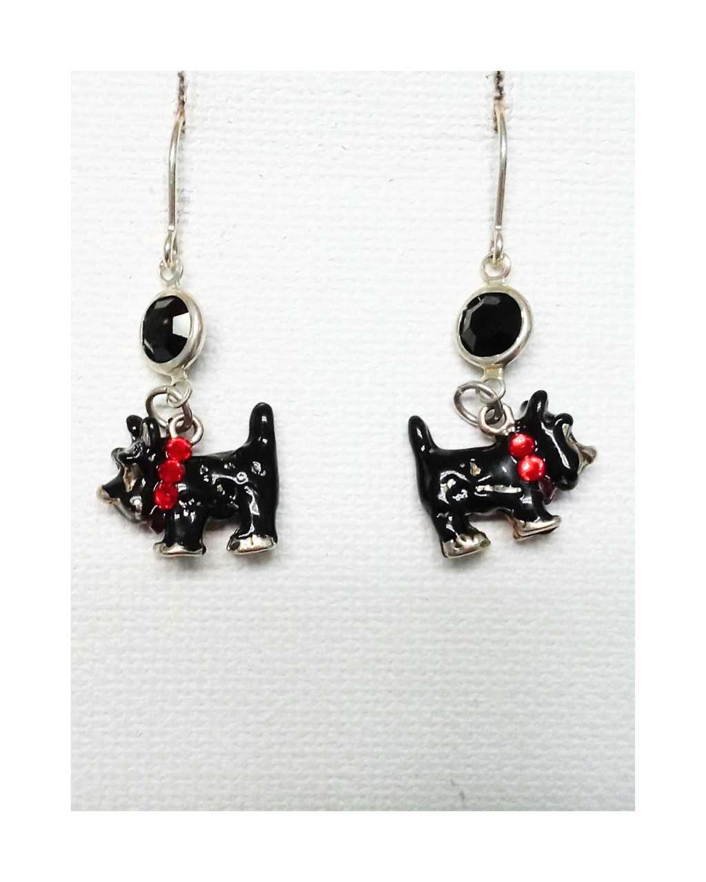 Exclusive Sterling 3-D Hand-enameled 2-sided Scottie Dog with Red Crystal Collar Black Swarovski Crystal Drop Earrings