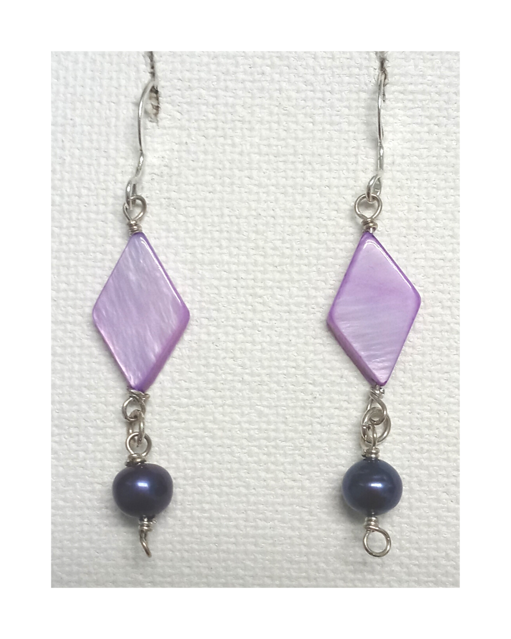 Dyed Lavender Diamond-shaped Mother-of-Pearl and Genuine Dyed Dark Purple Pearl Sterling Silver Dangle Earrings approx. 2 1/8"