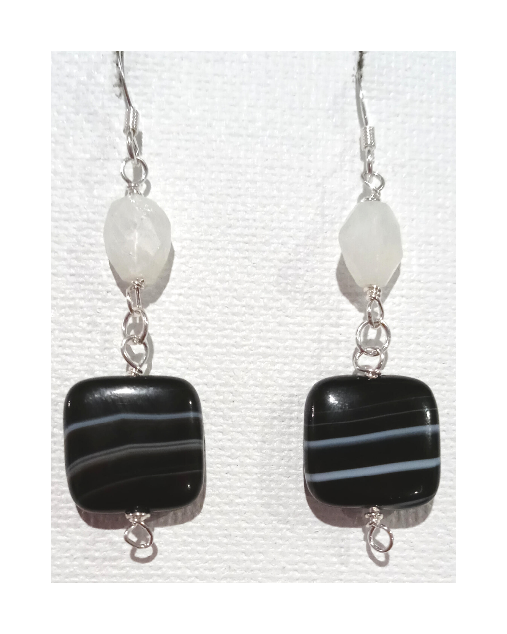 Faceted Rainbow Moonstone and Black Agate and White-Striped Rounded, Polished Agate Sterling Silver Dangle Earrings