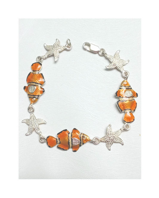 Clownfish Hand-enameled and Detailed Starfish Sterling Silver Bracelet 7 1/2 X11/16"