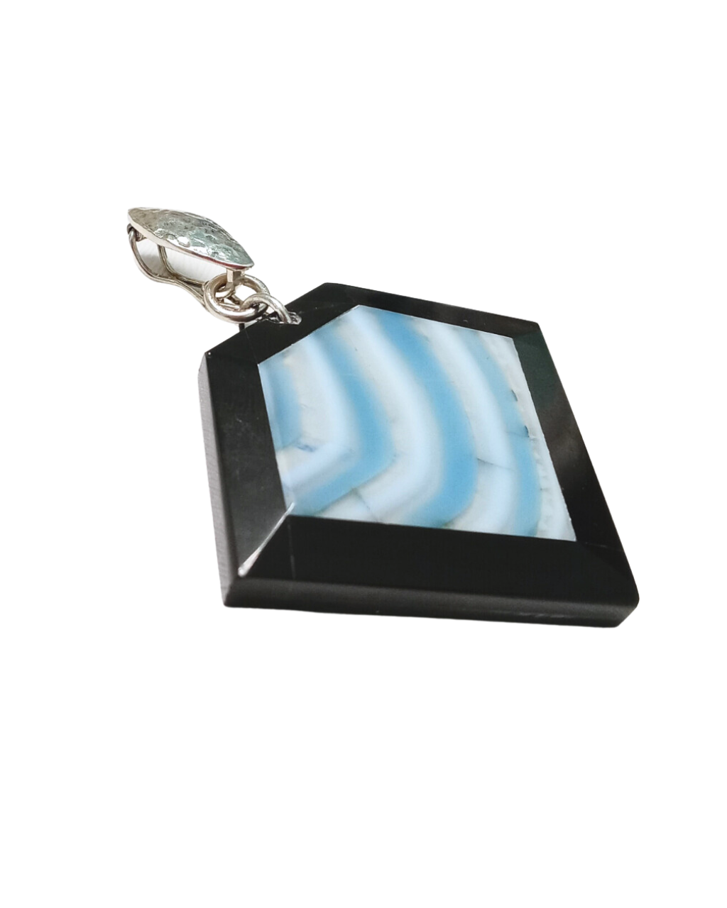 Beautiful Blue Stripe Agate and Black Onyx Intarsia Gemstone Sterling Enhancer Pendant with Removable Interchangeable Clip 2 7/16"L X 2"W ONE ONLY.