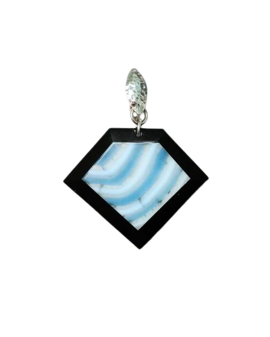 Beautiful Blue Stripe Agate and Black Onyx Intarsia Gemstone Sterling Enhancer Pendant with Removable Interchangeable Clip 2 7/16"L X 2"W ONE ONLY.