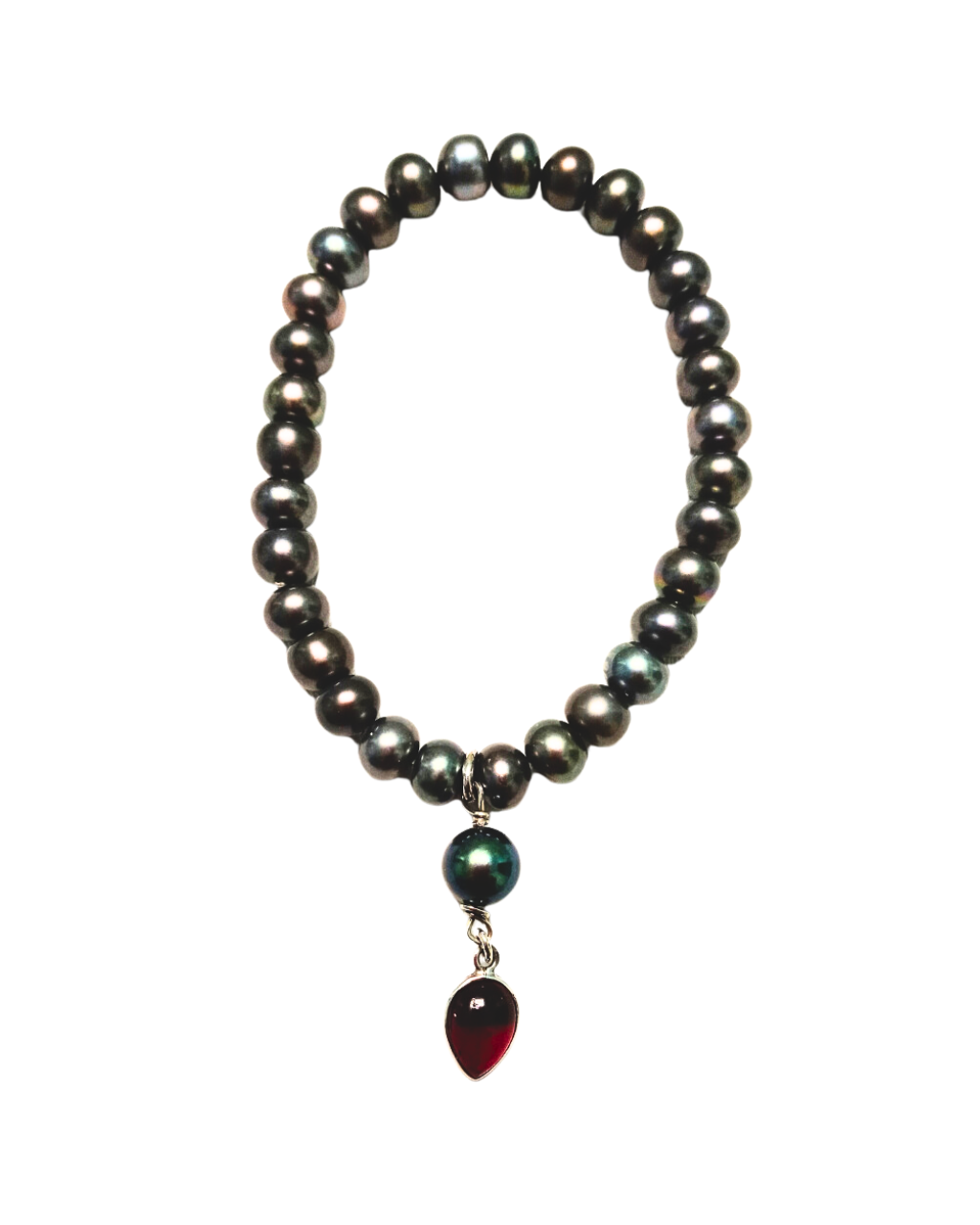Peacock/Black Pearl and Garnet Dangle Charm Stretch Bracelet 7"