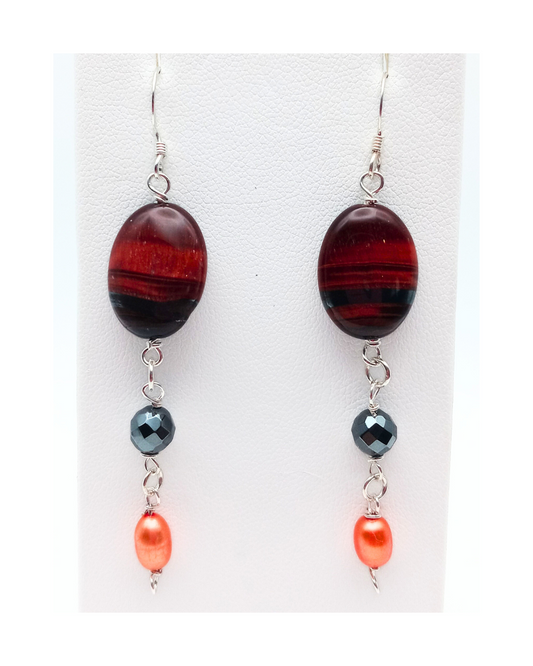 Oval Dyed Red Tiger's Eye, Faceted Hematite and Copper-colored Pearl Sterling Silver Dangle Earrings Approx. 2 3/4"
