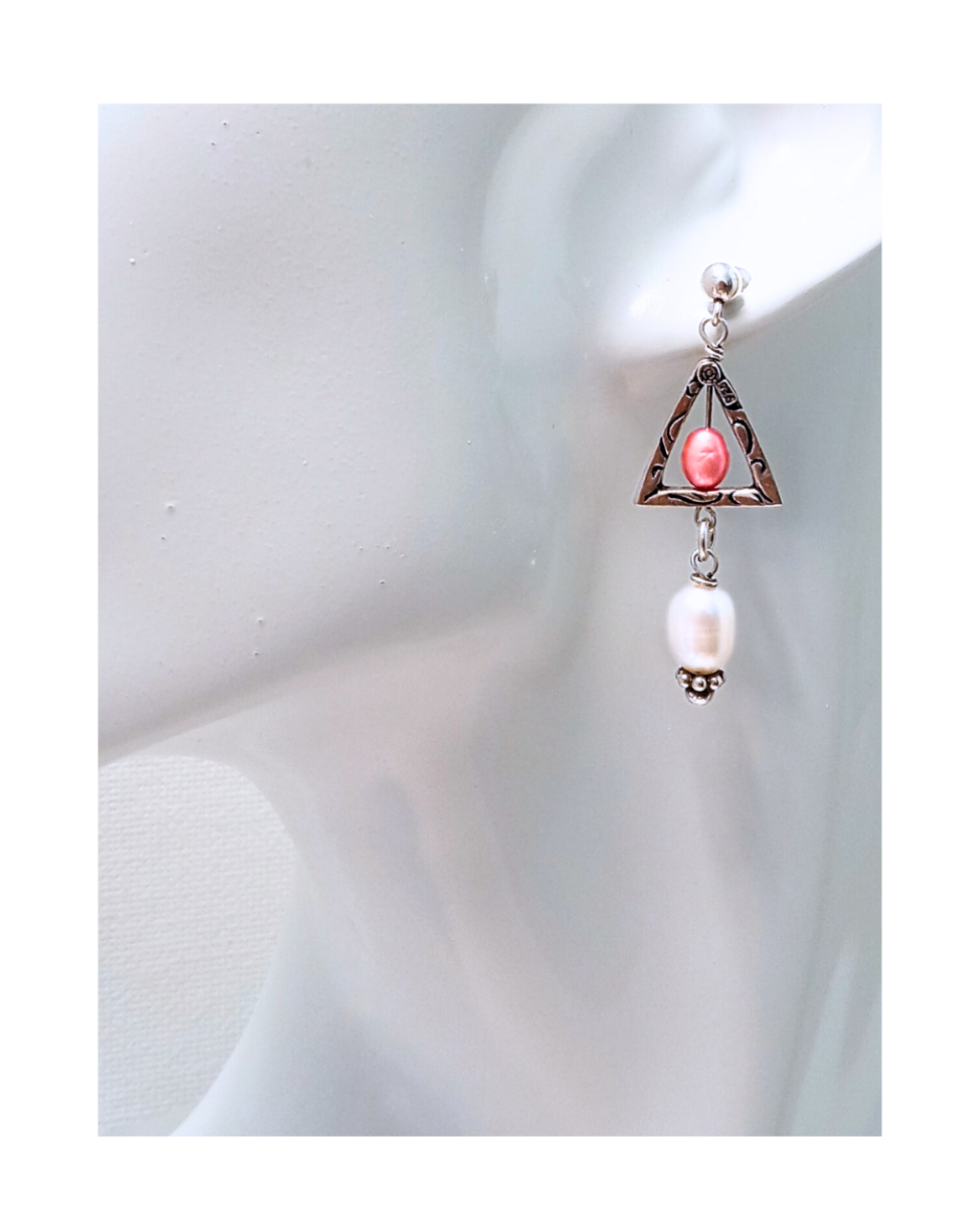 Sterling Bright Pink and White Pearls in Swivel Triangle Earrings 1 3/4"L X 5/8"W
