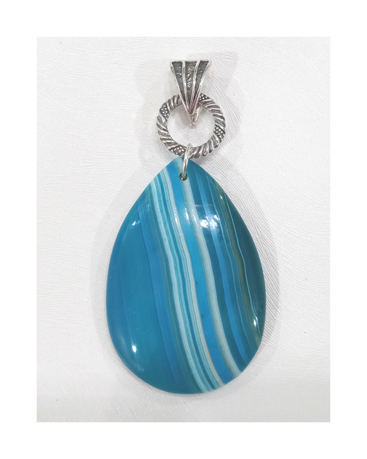 Sterling blended colors of beautiful turquoise blue white striped agate design enhancer pendant with removable interchangeable clip. ONE ONLY.