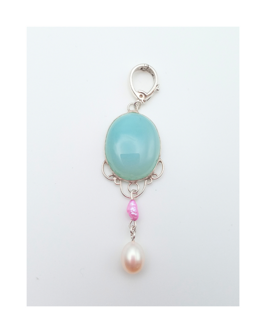 Dreamy Blue Oval Chalcedony with Pink, Peach Pearls Sterling Silver Enhancer Pendant Approx. 2 3/4"L X 3/4". ONE ONLY.