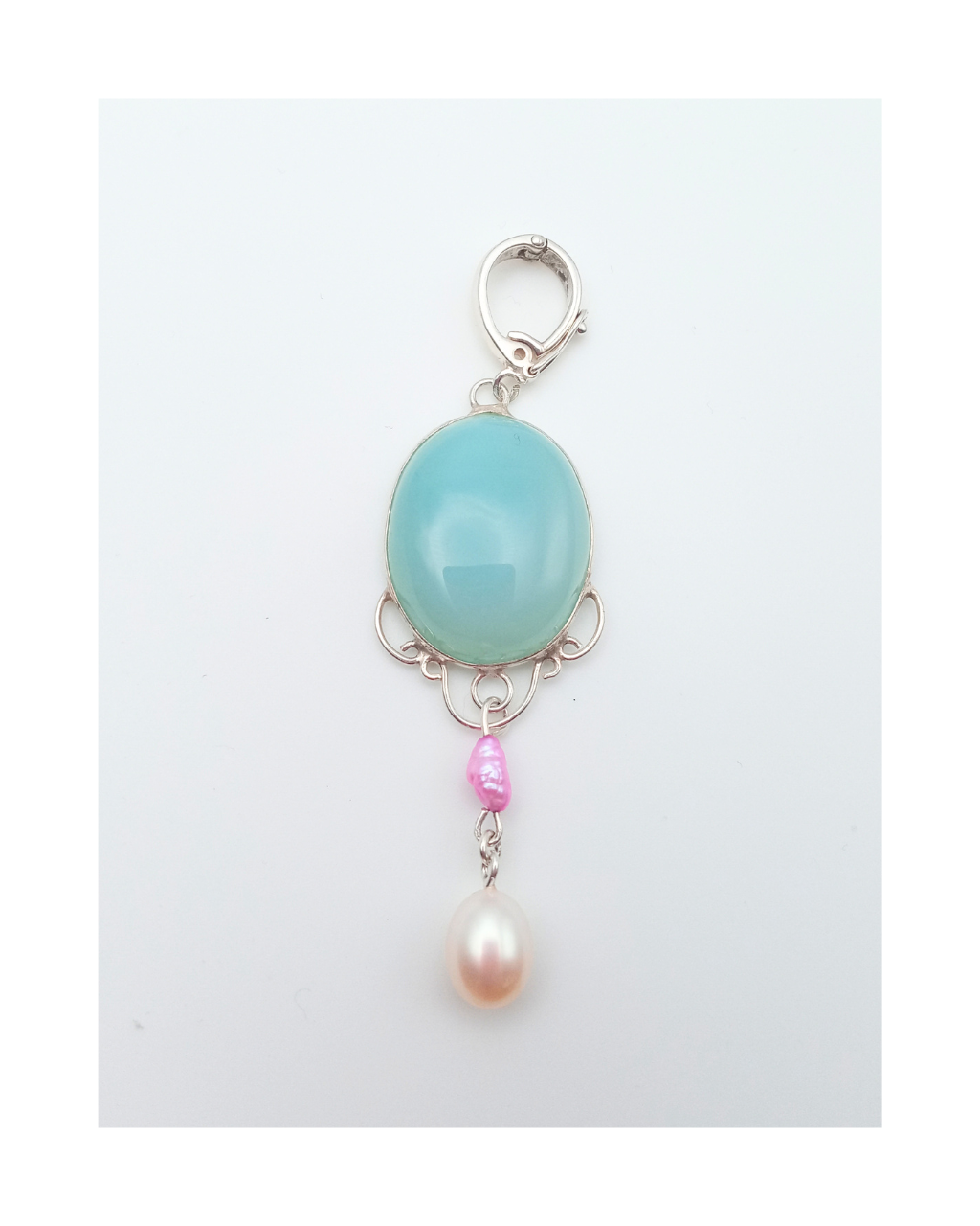 Dreamy Blue Oval Chalcedony with Pink, Peach Pearls Sterling Silver Enhancer Pendant Approx. 2 3/4"L X 3/4". ONE ONLY.