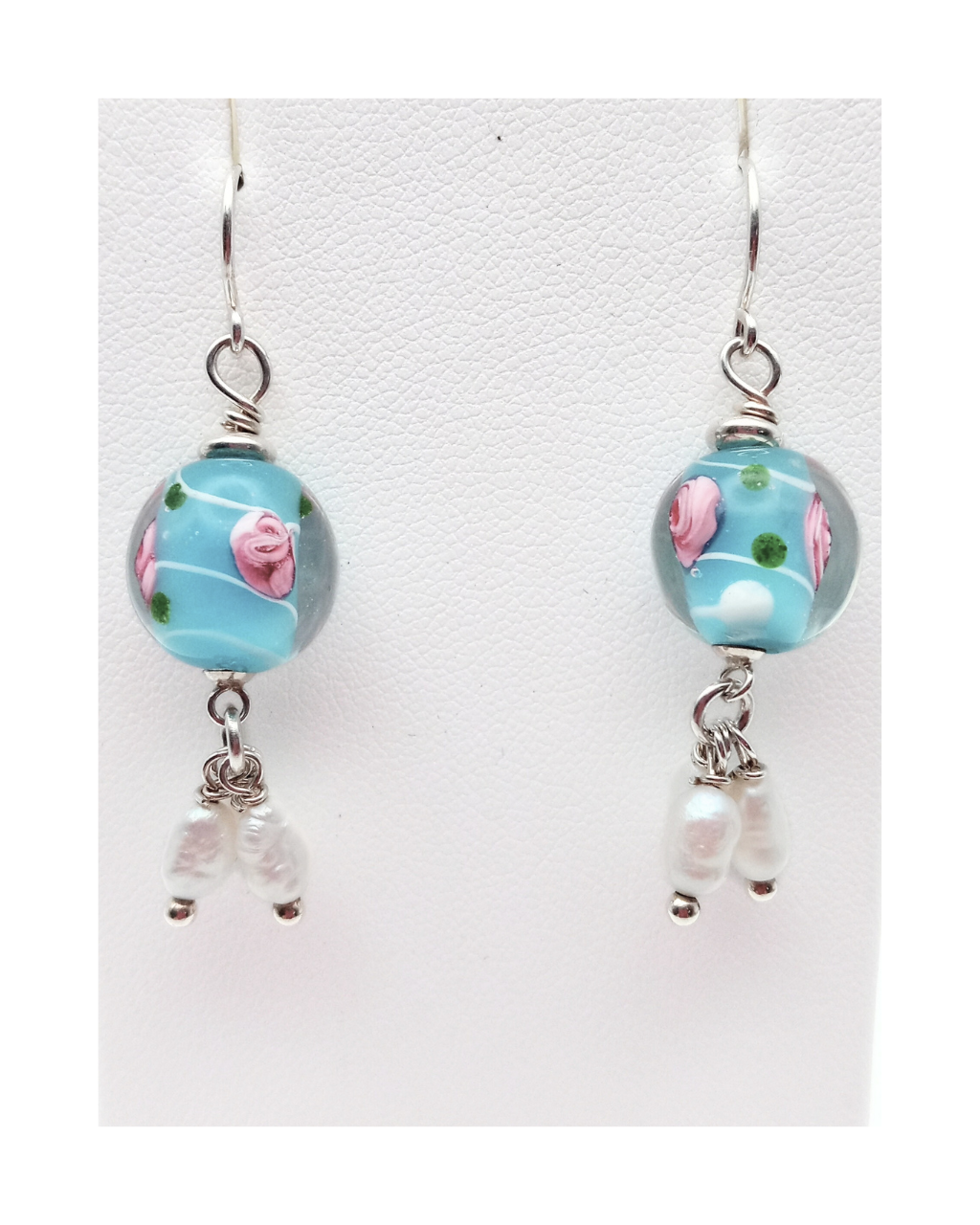 Sterling 925 Lampwork Blue and Pink Flower Glass Bead with 3 White Freshwater Pearl Dangle Drops Earrings. ONE ONLY.