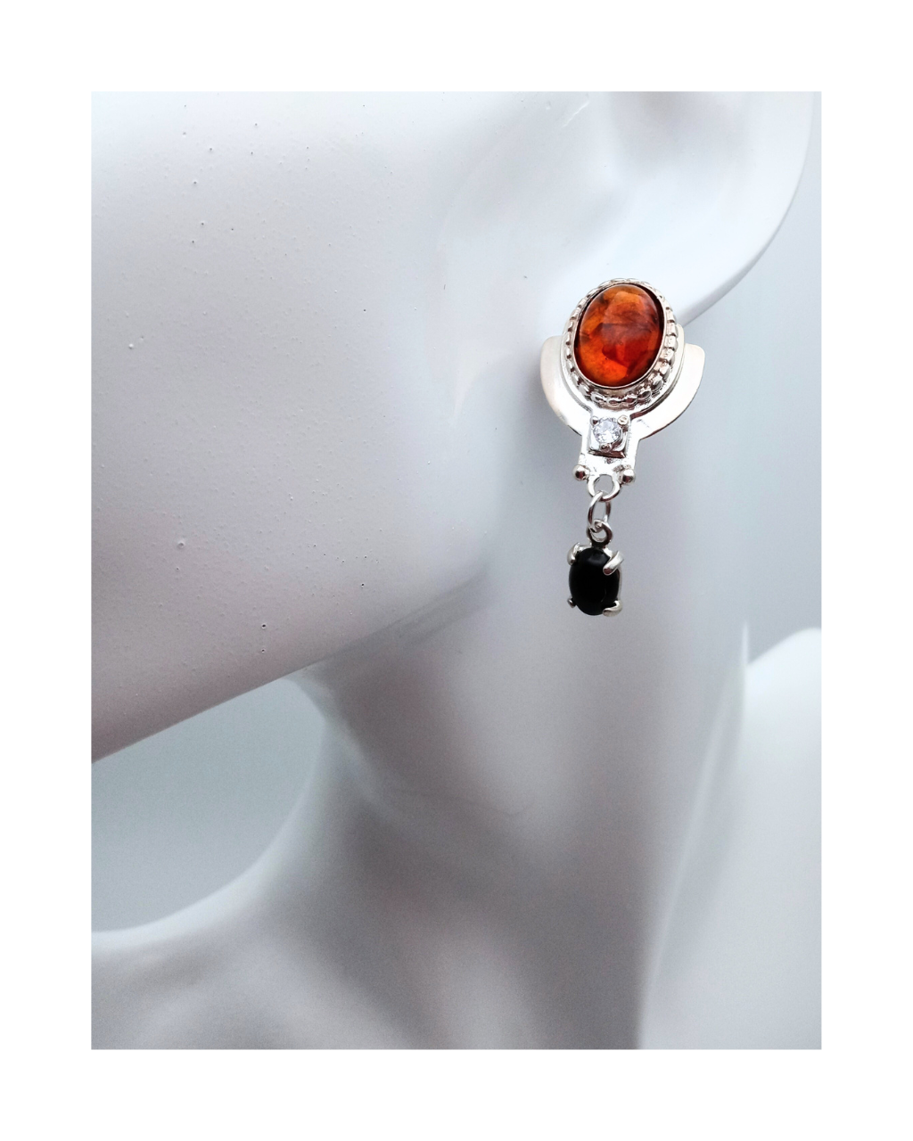 Sterling 925 Honey Amber, Black Onyx, and Sparkling Cubic Zirconia Necklace and Earring Set. ONE ONLY.