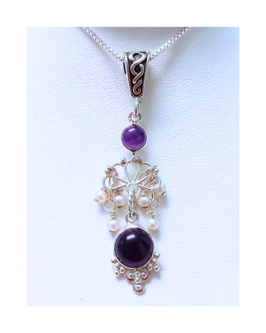 Exclusive Beautiful Amethyst Gems and Tiny White Pearl Drop Sterling Silver Removable Pendant 2 1/4"L X 5/8"W on 18" Curb Chain. ONE ONLY