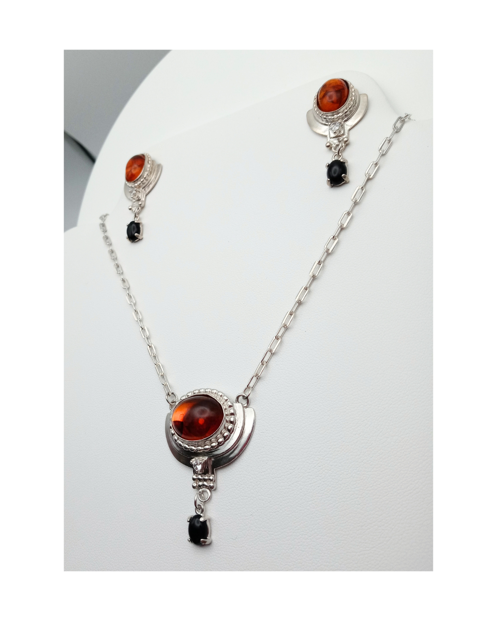 Sterling 925 Honey Amber, Black Onyx, and Sparkling Cubic Zirconia Necklace and Earring Set. ONE ONLY.