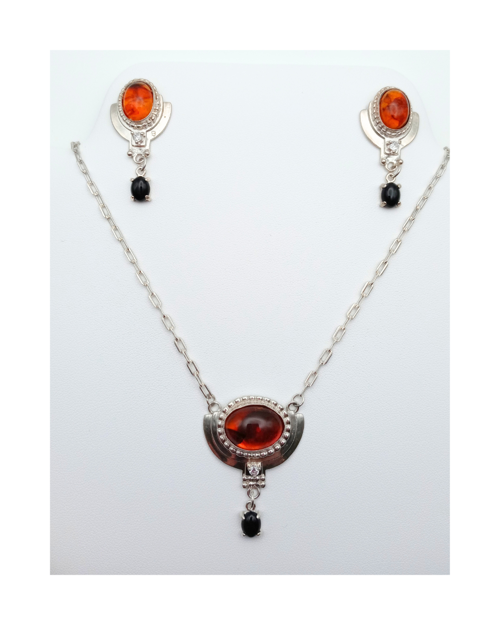 Sterling 925 Honey Amber, Black Onyx, and Sparkling Cubic Zirconia Necklace and Earring Set. ONE ONLY.