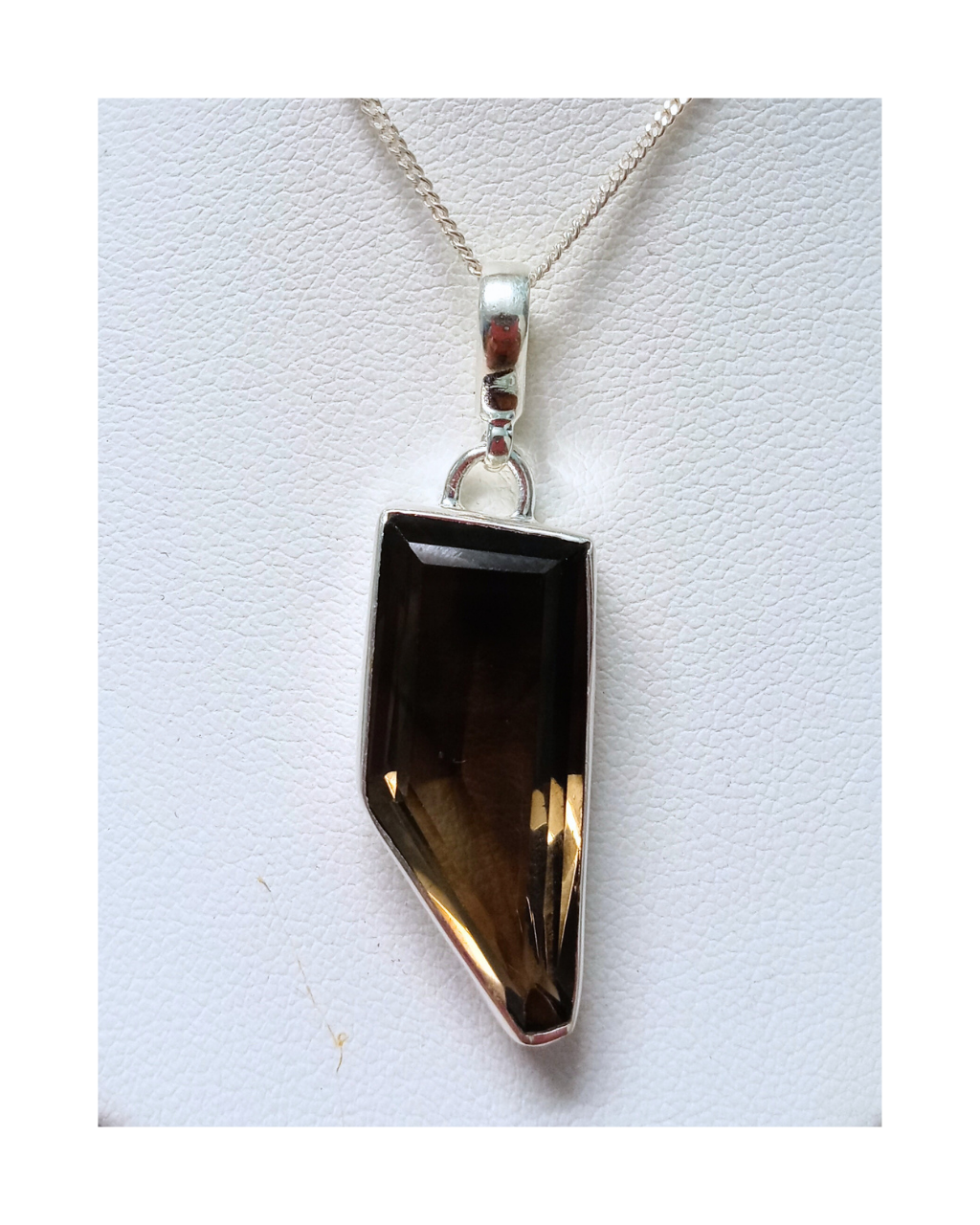 Sterling Uniquely-shaped Faceted Smoky Quartz Removable Pendant 1 3/4"H X 9/16"W and 16" Curb Chain. ONE ONLY