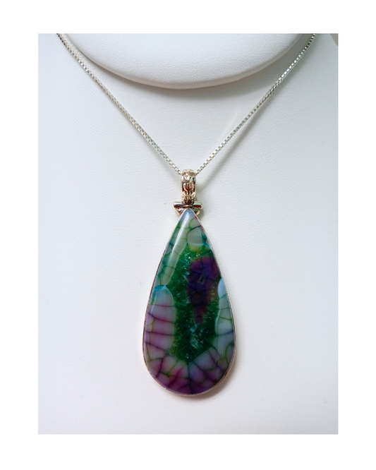Sterling Purple, Green, and Yellow Agate Removable Pendant 2 3/16"L X 11/16"W on 18" Box Chain. ONE ONLY