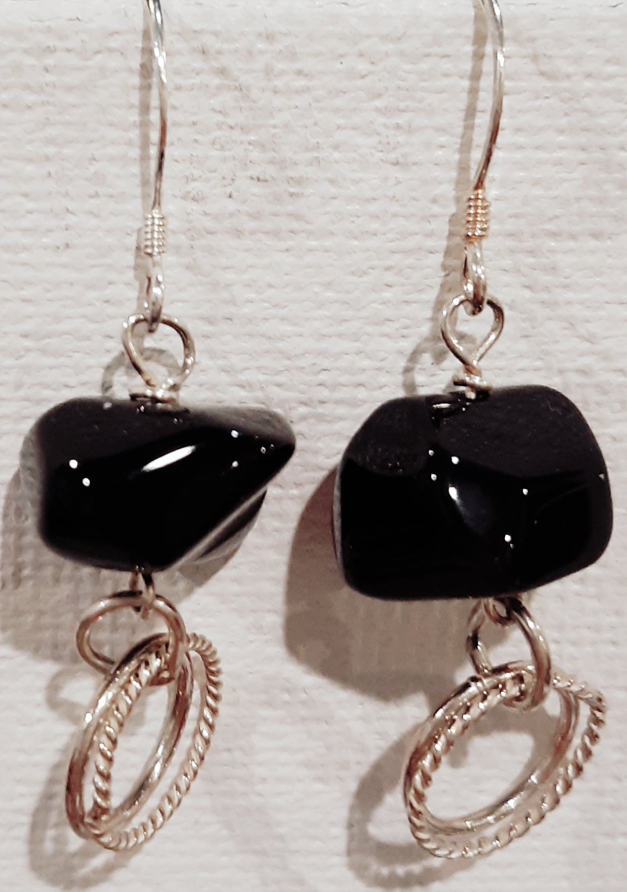 Black Agate Polished Bead with Double Silver Loop Sterling Silver Dangle Earrings