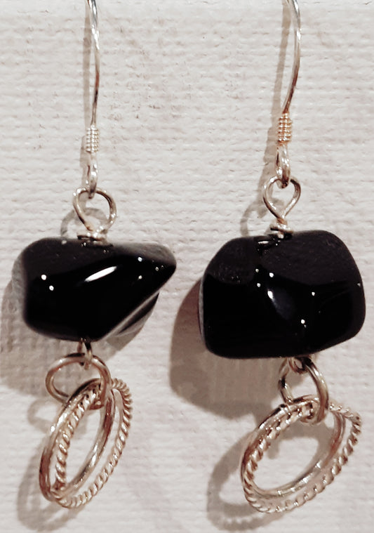 Black Agate Polished Bead with Double Silver Loop Sterling Silver Dangle Earrings