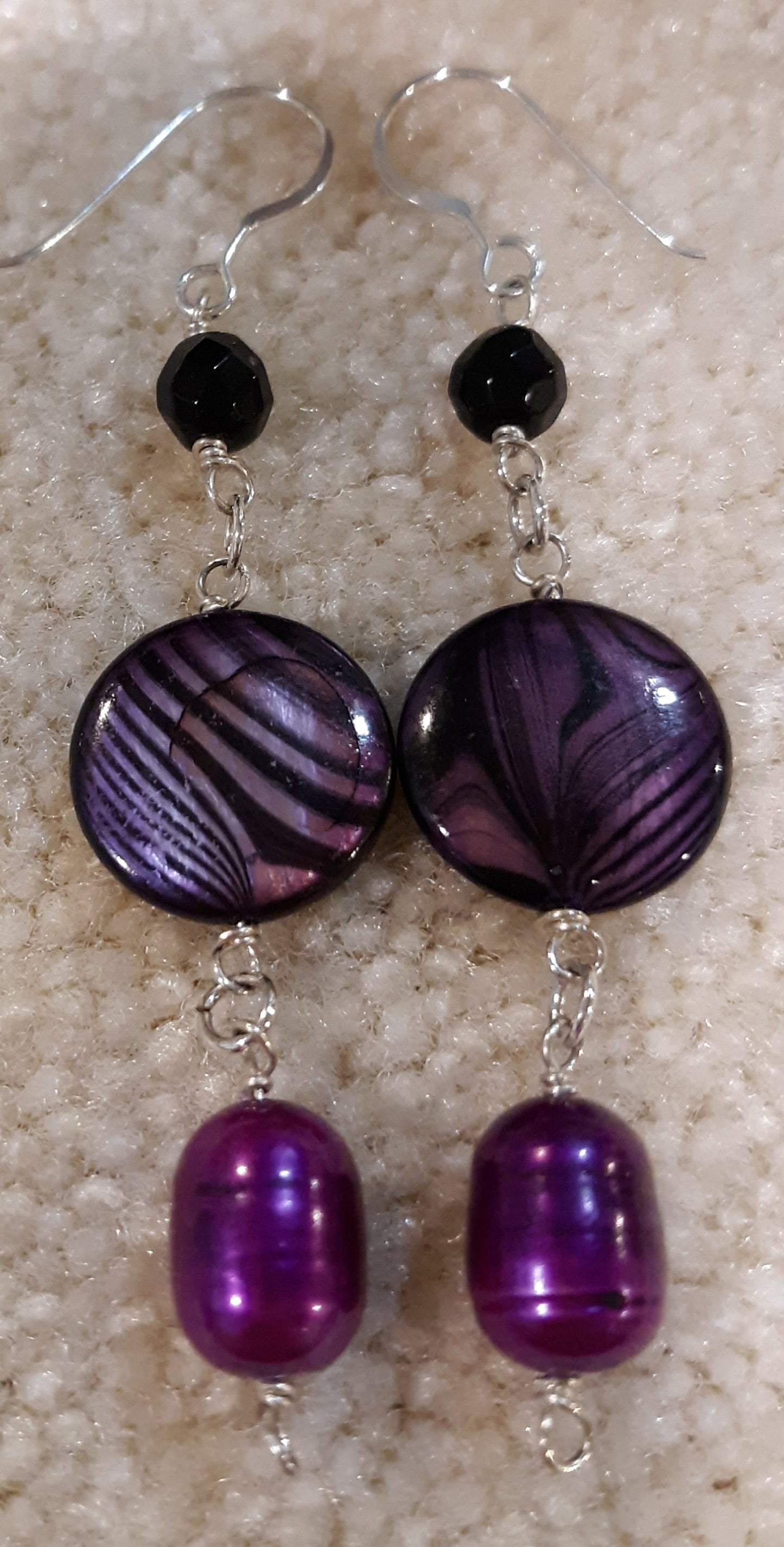 Faceted Black Onyx, Round Dyed Purple Lined Mother-of-Pearl, and Purple Pearl Sterling Silver Dangle Earrings Approx. 2 3/4" ONE ONLY