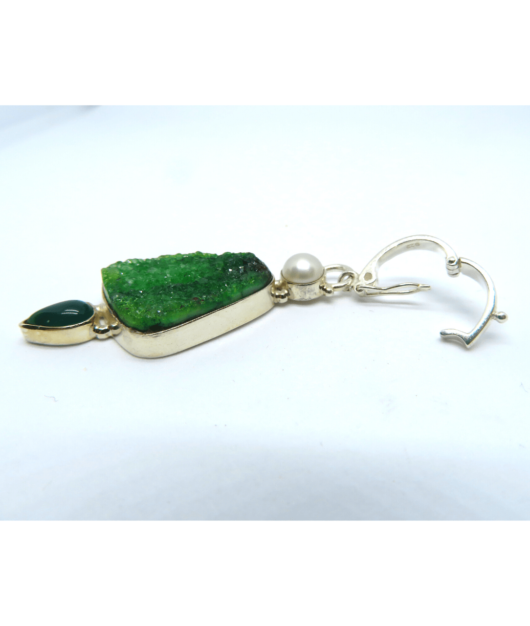 Golden, Green Pearls, Unique Carved Brown Jasper Sterling Handmade Necklace 21" Includes Quartz Druzy Enhancer Pendant 2 1/4"L X 1/2"W. ONE ONLY.