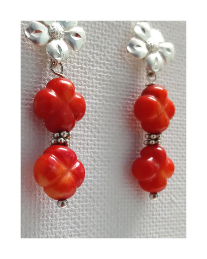 Exclusive Gorgeous Sterling Dogwood Flower Diamond-cut Post Earrings with Carved Red Coral Flowers 1 9/16"L X 7/16"W