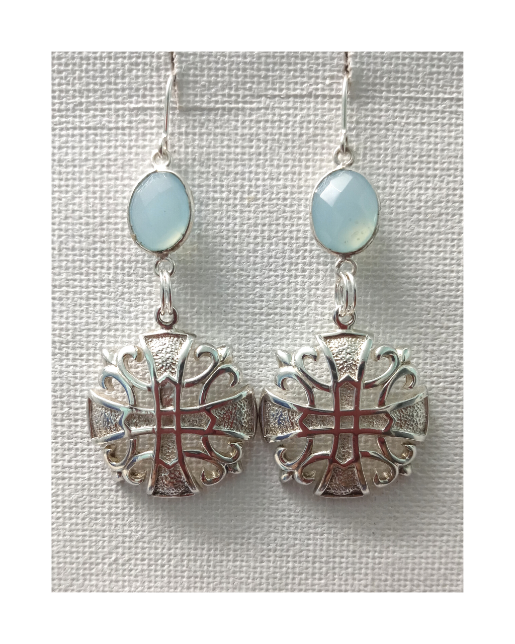 Exclusive Stunning Detailed Sterling Medieval Design Medallion with Faceted Light Blue Chalcedony Earrings 2 3/8"L X 15/16"W ONE ONLY