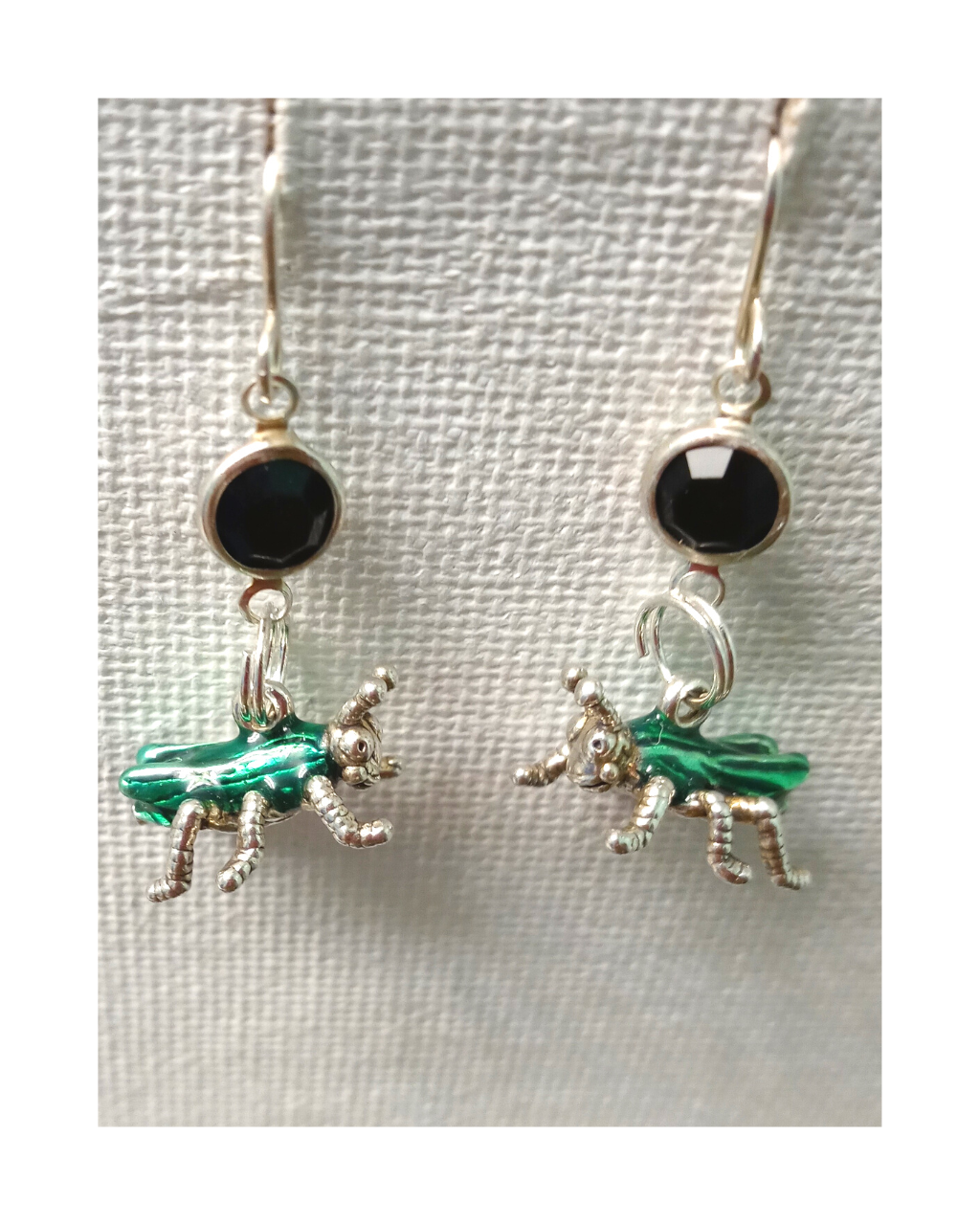 Exclusive Hand-enameled 3-D Green Good Luck Cricket with Swarovski Crystal Sterling Earrings