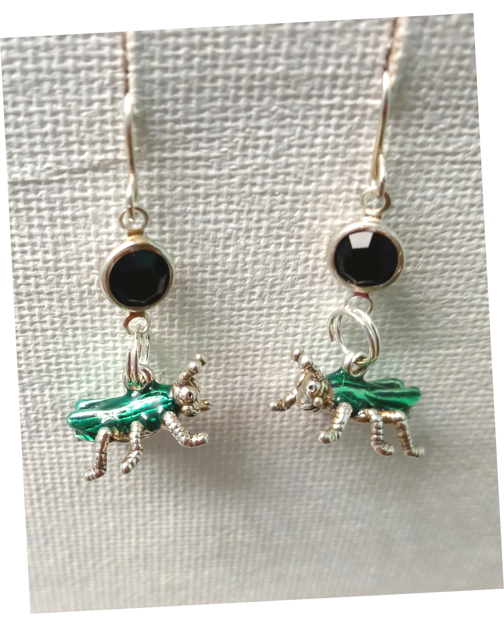Exclusive Hand-enameled 3-D Green Good Luck Cricket with Swarovski Crystal Sterling Earrings